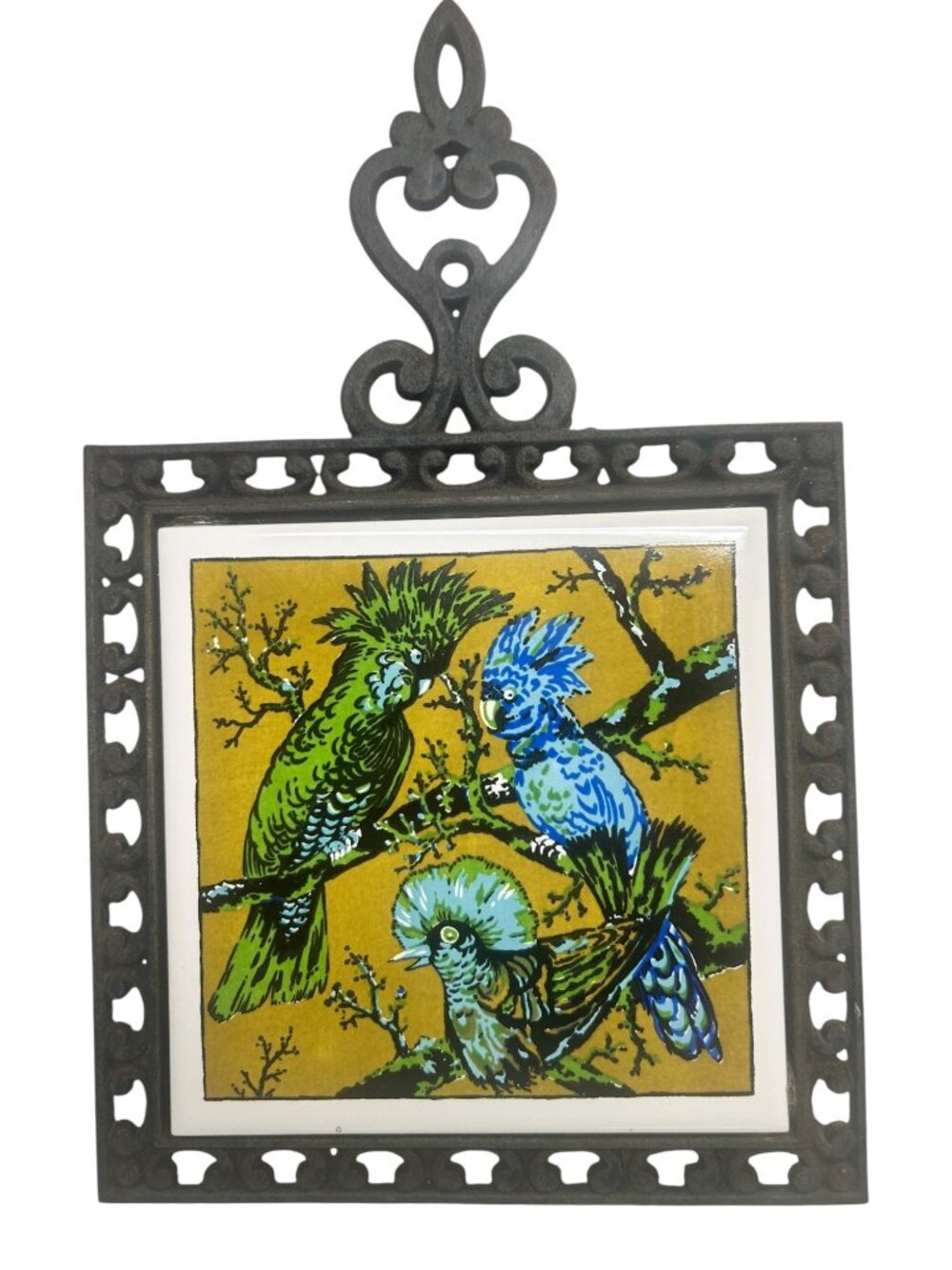 Vintage Mid Century Japanese Cast Iron Tile Trivet Hot Plate Bird Parrot 1960s